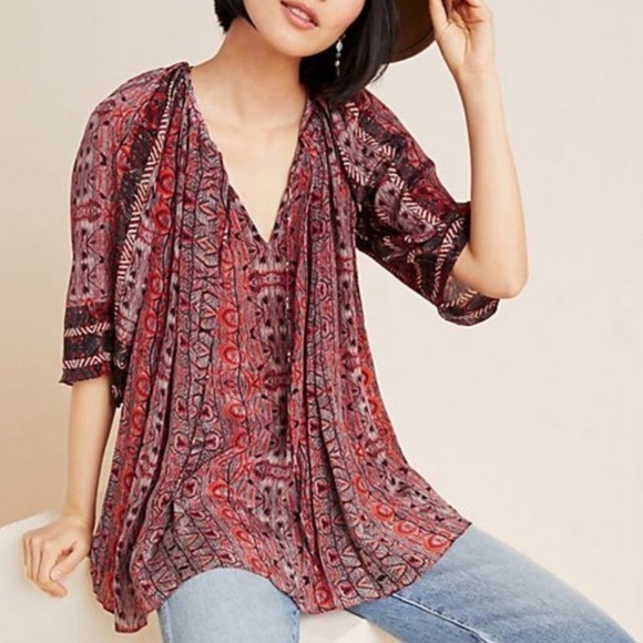 Anthropologie Bhanuni by Jyoti Aleksa Tunic Blouse Split Tie Neck A-Line Swing L - Picture 1 of 14